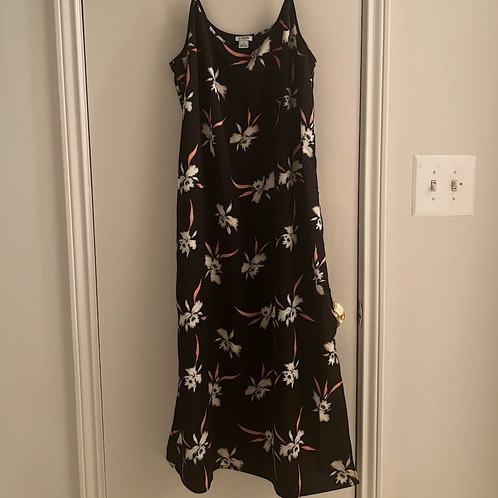 J Crew Floral Print Black Midi Slip Dress Side Slit Medium